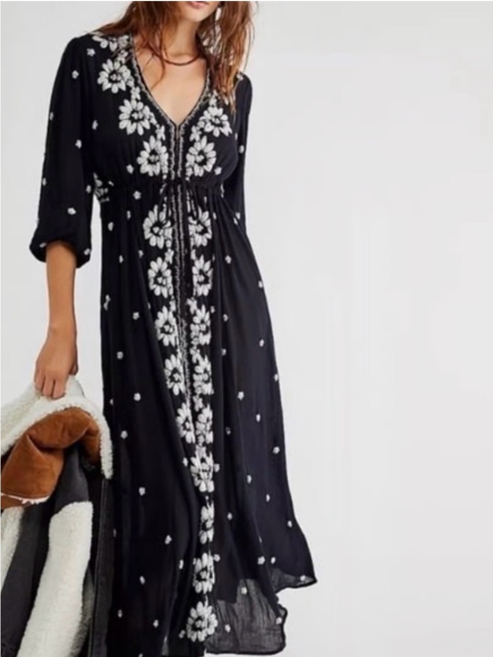 Free People Black Maxi Dress with White Floral Embroidery Trim - Picture 3 of 6